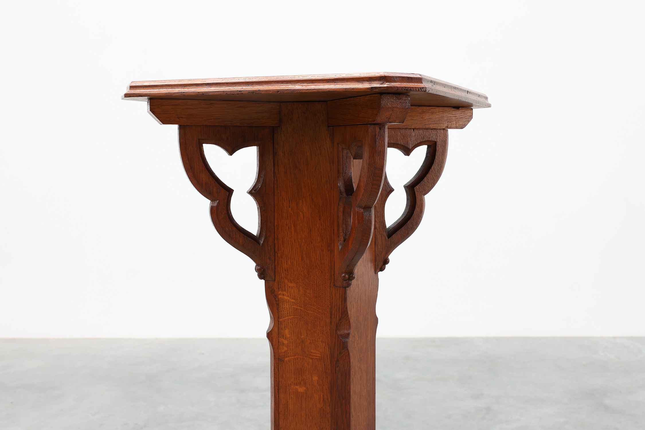 Art Deco oak pedestal with pierced brackets and cross base, Belgium 1920sthumbnail